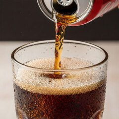 pouring cola soda drink from can to glass