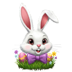 Cute Cartoon Easter Bunny Illustration With Pink Ears and Purple Bow
