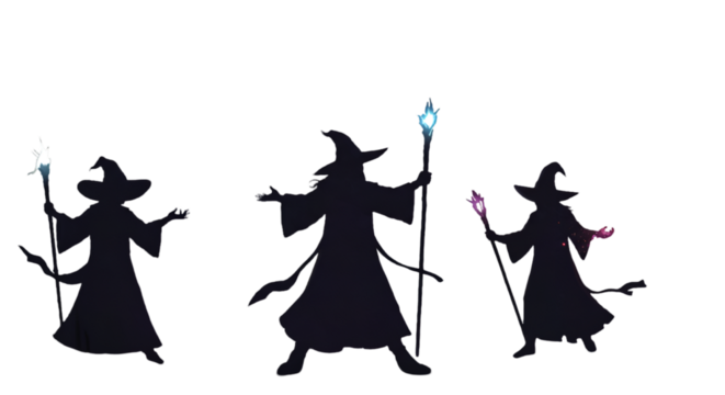 Dark Wizard Silhouette Illustration with Magic Staff in Mysterious Night