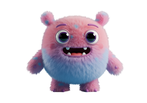 Cute Fluffy 3D Pink And Blue Monster Character On Transparent Background - Powered by Adobe