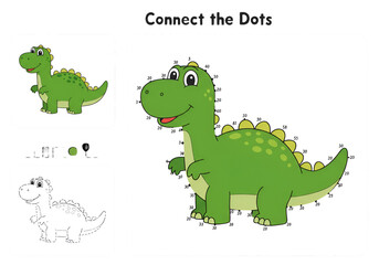 Cute Green Dinosaur Connect The Dots Illustration For Kids Educational Game