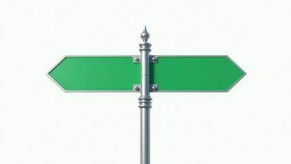 Empty green directional street sign on a metal post.