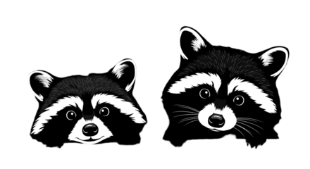 Cute Raccoon Heads Illustration Black And White Vector Isolated On Transparent Background