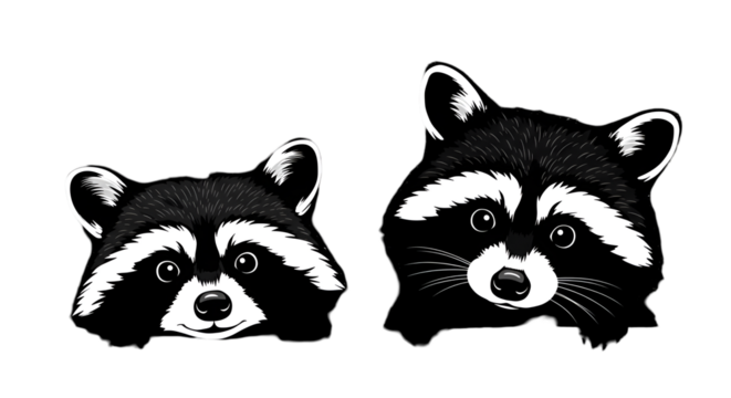 Cute Raccoon Heads Illustration Black And White Vector Isolated On Transparent Background