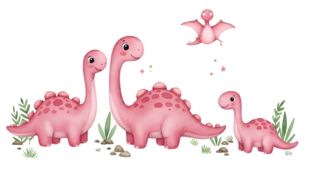 Cute Pink Dinosaur Illustration On Transparent Background With Cartoon Style