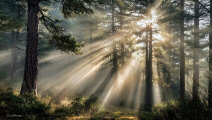 Naklejka premium Sunlight streams through a misty forest (2)