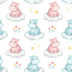 Obraz premium Cute Hippos Seamless Pattern Watercolor Illustration On Black Background