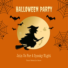Halloween Party Illustration Featuring A Witch Silhouette Flying Across The Full Moon With Bats And Spider Webs. Perfect For Invitations, Posters, Party Flyers, And Spooky Seasonal Events
