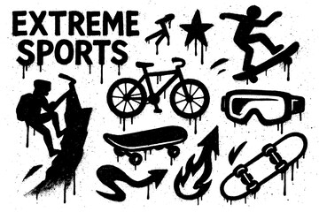 Extreme sports graffiti icons with skateboards bikes mountains ramps and bold street style, Transparent Background