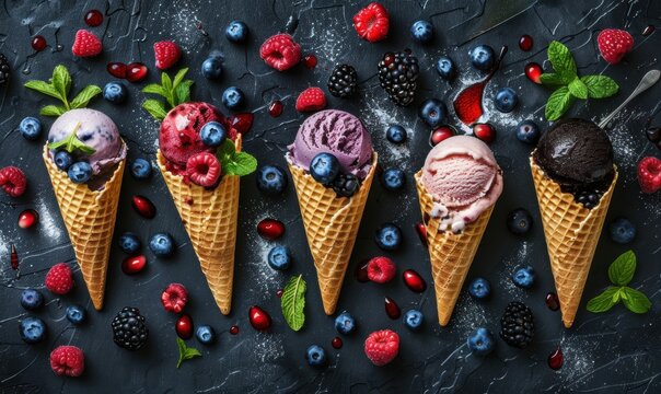 Assorted ice cream cones with berries on dark background overhead flat lay