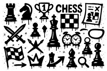 Chess strategy graffiti icons with pieces boards clocks and arrows in bold street art style, Transparent Background