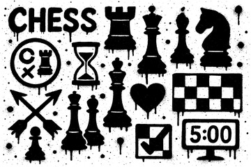 Chess strategy graffiti icons with pieces boards clocks and arrows in bold street art style, Transparent Background