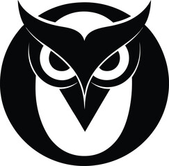 Stylized black owl logo within a circle