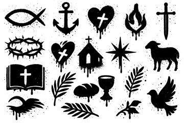 Christian graffiti icons with crosses bible angel dove church and candle, Transparent Background