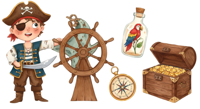 Cute Pirate Boy Illustration Holding Sword Near Treasure Chest And Wheel