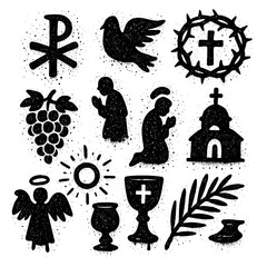 Christian graffiti icons with crosses bible angel dove church and candle, Transparent Background