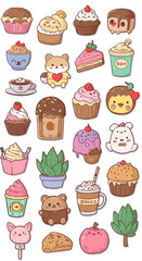 Cute Pixelated Desserts and Animal Characters Isolated on Transparent Background