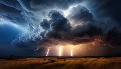 powerful lightning bolts striking through dark cumulonimbus clouds creating an intense display during a dramatic thunderstorm