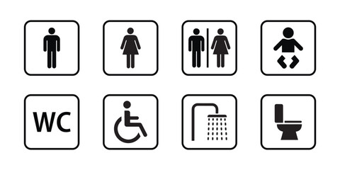 Washroom signs. Restroom or toilet door sign set containing gents, ladies, disabled, baby changing. Printable sticker vector.
