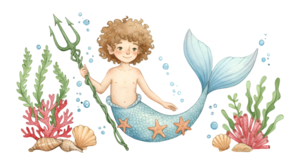 Cute Illustration Of A Mermaid Boy With Trident And Coral On Transparent Background