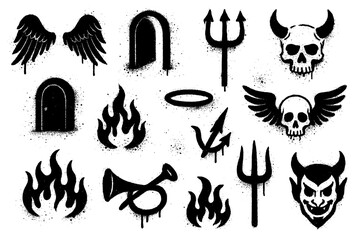 Dark angel and devil graffiti icons with dripping clouds flames and skull, Transparent Background