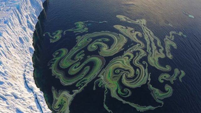 Aerial view revealing intricate phytoplankton swirls spreading vibrant green and turquoise hues across dark, glacial Antarctic waters, showcasing marine ecosystem complexity