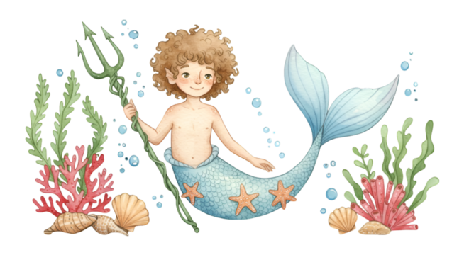 Cute Illustration Of A Mermaid Boy With Trident And Coral On Transparent Background