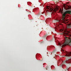 Red roses and petals create a romantic and beautiful floral arrangement.