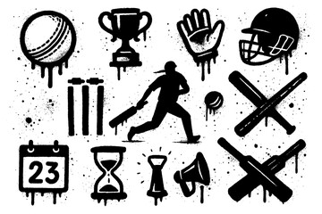 Obraz premium Grunge cricket icons with dripping paint style, bats balls stumps and gear, Transparent Background
