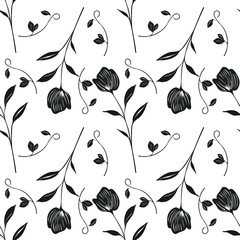 Seamless vector pattern with stylized black floral elements on a white background, featuring elegant tulip-like flowers and swirling vines for textile design.