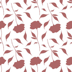 Seamless vector pattern of stylized dusty rose flowers and leaves on a white background, creating a minimalist and elegant floral design ideal for textile prints or wallpaper.