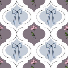 Seamless vector pattern with delicate light-blue bows, pink flowers, and geometric quatrefoil shapes on a dusky purple background, creating an elegant and sophisticated textile design.