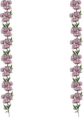 Elegant vector floral frame with delicate pink flowers and green leaves, perfect for invitations, cards, or decorative elements.