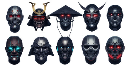 Cyberpunk Robot Face Collection Illustration With Futuristic Design and Black Background
