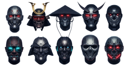 Cyberpunk Robot Face Collection Illustration With Futuristic Design and Black Background
