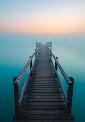Fototapeta premium Tranquil Wooden Pier Extending Over Calm Water at Dusk, Misty Horizon, Serene Landscape