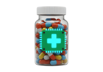 AI Pill Bottle Icon in 3D Plastic – Transparent Medical Symbol for Health Monitoring