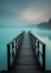 Fototapeta premium Scenic Wooden Pier on Misty Lake at Sunrise - Tranquil Waterscape, Foggy Landscape, Nature Photography