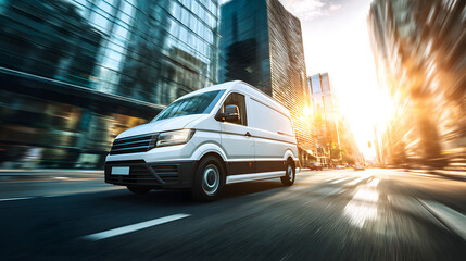 White delivery van driving at high speed through a modern city street during sunrise, surrounded by glass buildings, symbolizing urban logistics, fast shipping, and transportation services

