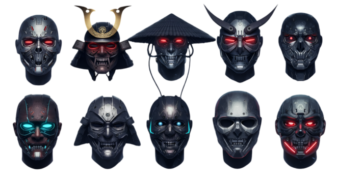 Cyberpunk Robot Face Collection Illustration With Futuristic Design and Black Background