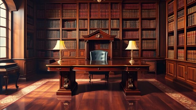 Grand classic library with floor-to-ceiling bookshelves, an ornate wooden desk, and leather chair.