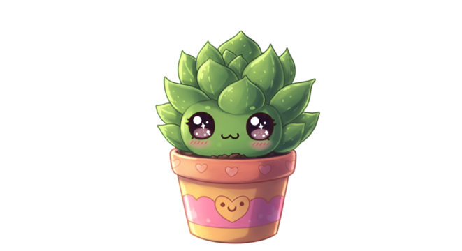 Cute Kawaii Pixelated Succulent Plant Illustration On Transparent Background
