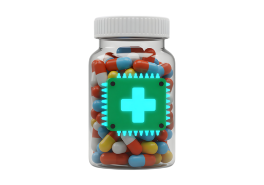 AI Pill Bottle Icon in 3D Plastic – Transparent Medical Symbol for Health Monitoring