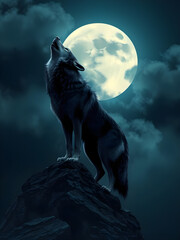 Wolf howling against a yellow moon on a dark cloudy night 