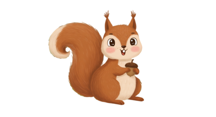 Cute Cartoon Squirrel Illustration Holding Acorn With Brown Fur and Happy Smile