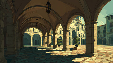 Fototapeta premium Octagonal plaza framed by vaulted arcades, patterned stone tiles gleaming under diffused morning light. Illustration