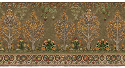 Decorative Floral Pattern Seamless Border Illustration With Trees And Flowers