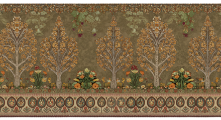 Decorative Floral Pattern Seamless Border Illustration With Trees And Flowers