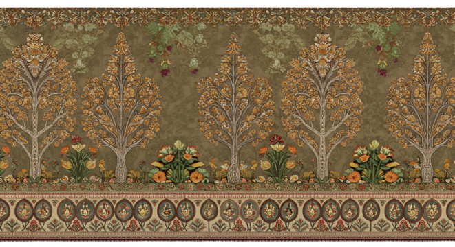 Decorative Floral Pattern Seamless Border Illustration With Trees And Flowers