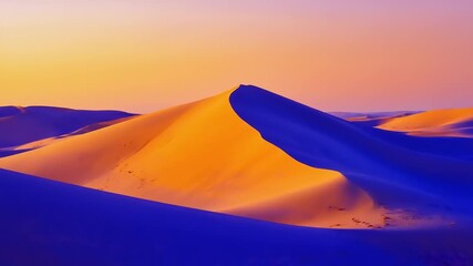 Arid desert dunes, orange hues at sunset, purple shadows, abstract geometry